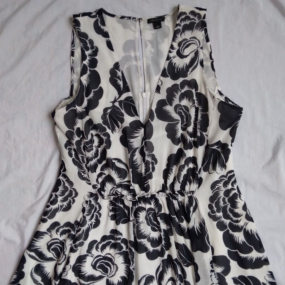 Ann Taylor Black White Floral Dress Midi Cottagecore Feminine Women's Large - Picture 5 of 12